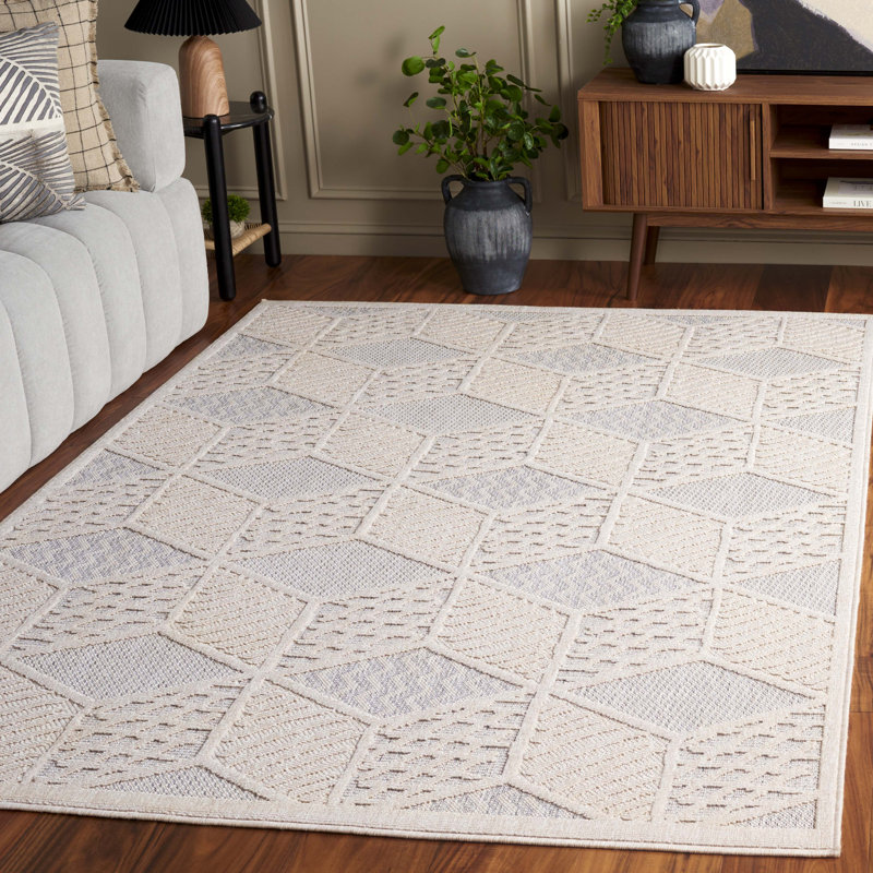 Ivory Geometric Wool and Cotton Area Rug 5'3" x 7'6"