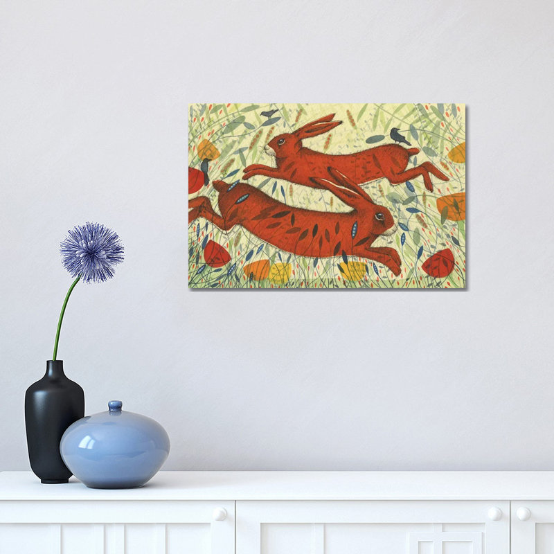 Hares & Crow by Michelle Campbell - Floater Frame Print on Canvas, 30.48 cm H x 45.72 cm W, Wrapped Canvas