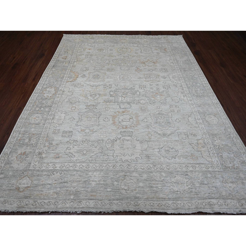 Tapis gris en laine noué à la main 8 pi x 9 pi 10 po Angora
