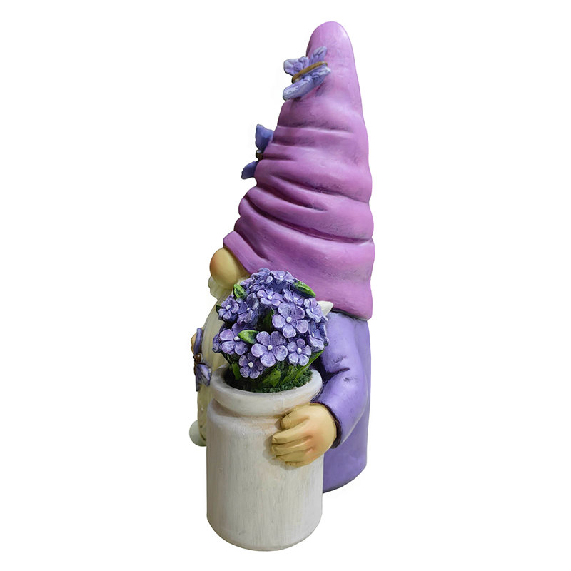 Lavender and White Resin Garden Gnome Statue with Flowers