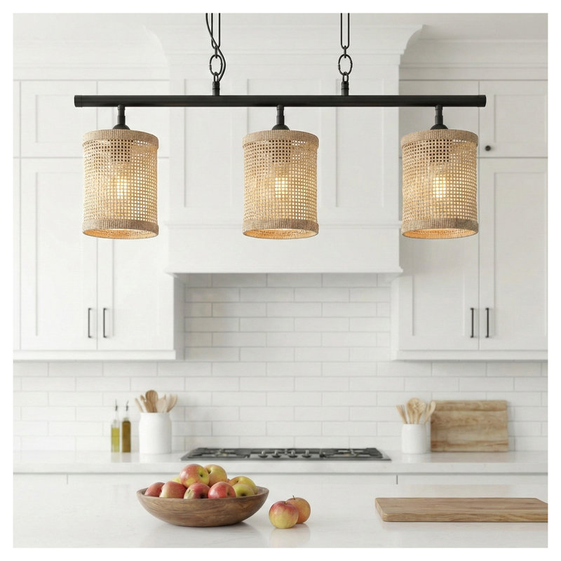 Elysian 3-Light Farmhouse Island Light with Natural Rattan Shades and Black Metal Frame