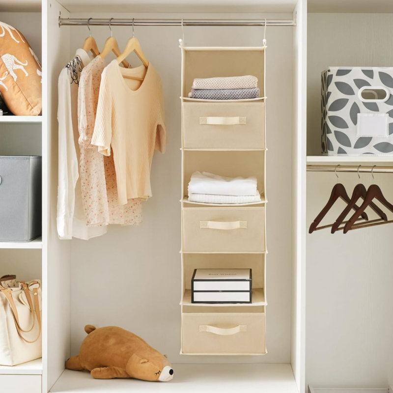 6 Tier Shelf Hanging Closet Organizer, Closet Hanging Shelf With 2 Sturdy Hooks For Storage, Foldable (D3), Beige