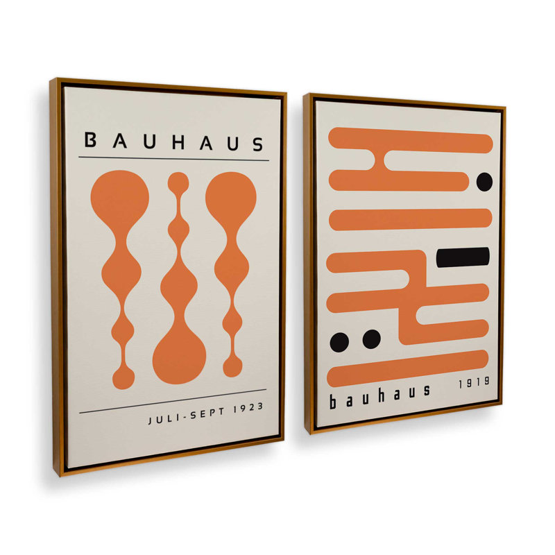 Ensemble de 2 rétro et circuits orange Bauhaus, H 13 po x l 18 po, Cadre flottant or poli