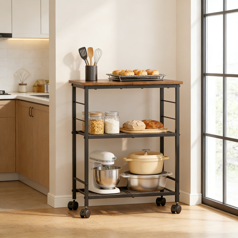 3-Tier Rolling Kitchen Cart With Locking Wheels, Multi-Functional Storage Cart For Microwave, Office, Living Room, And Bathroom Organization