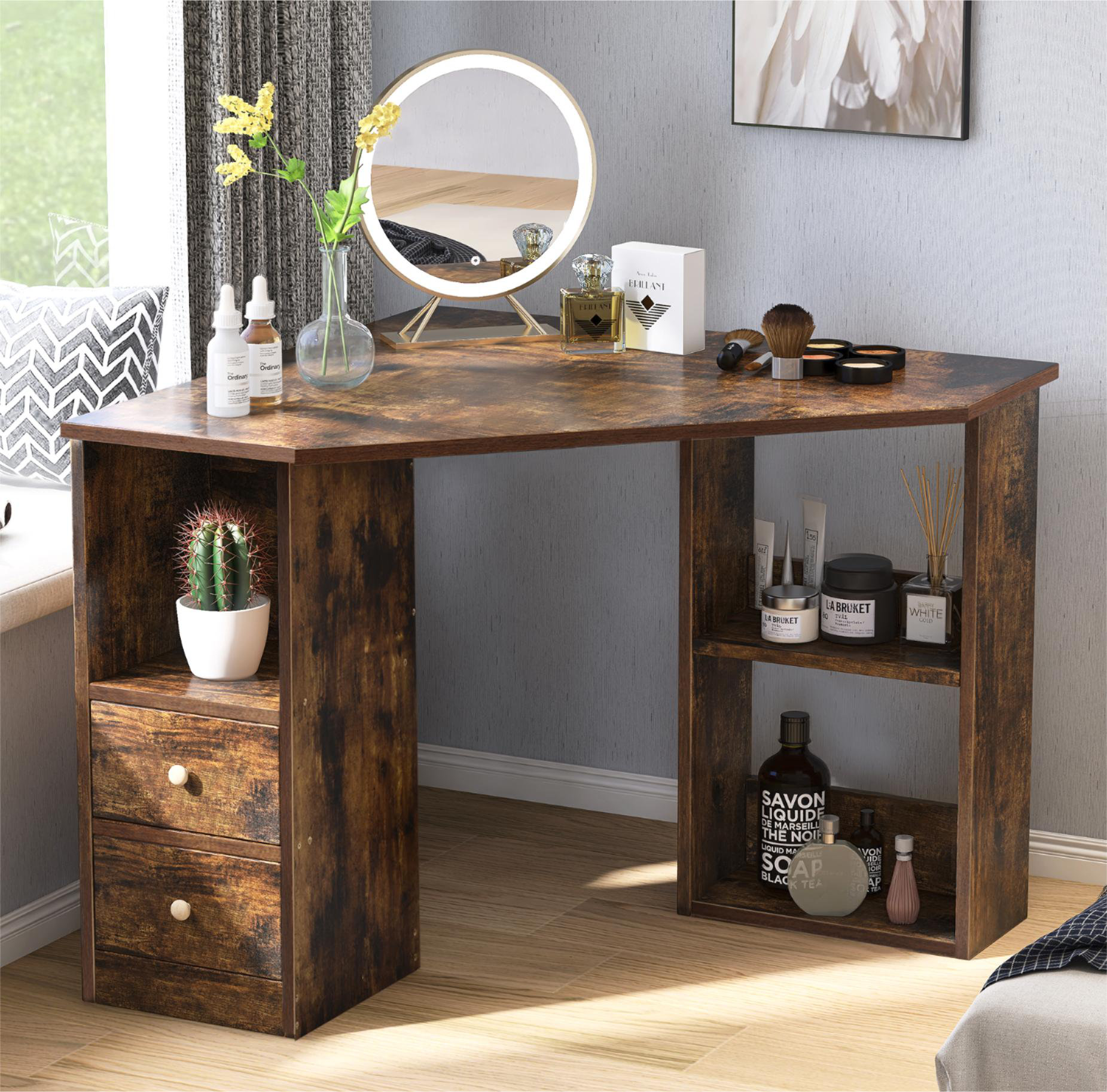 Wood l shaped store desk with drawers