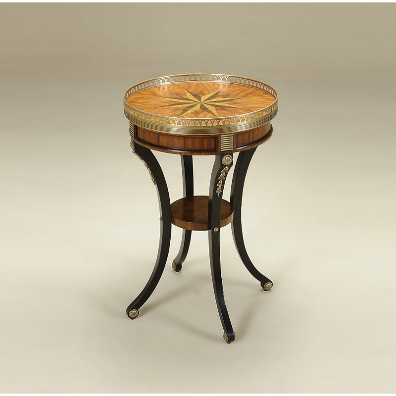Elegant Compass Round End Table with Black Vendome Finish and Brass Accents
