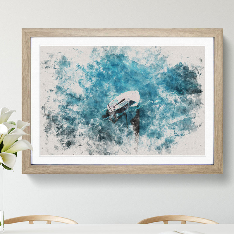 Scow Boat out Sailing Watercolour - Picture Frame Graphic Art, 36cm H x 48cm W x 2cm D, Oak