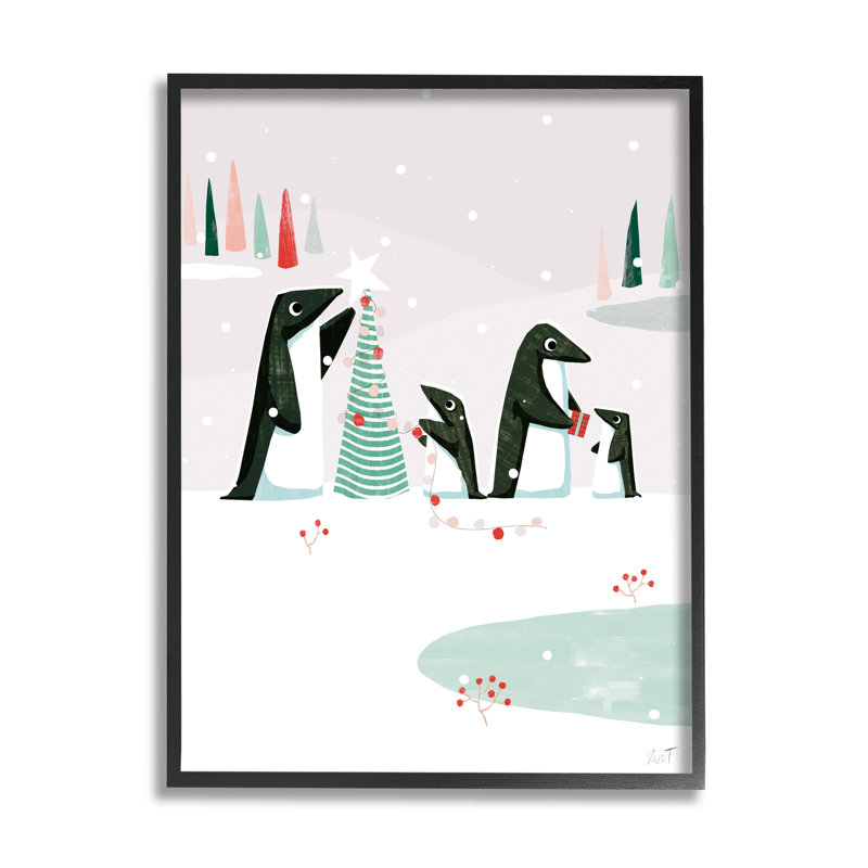 Pingouins décorant un arbre de Noël par Andrew Thornton, Giclée encadrée noir minuit, H 30 po x l 24 po