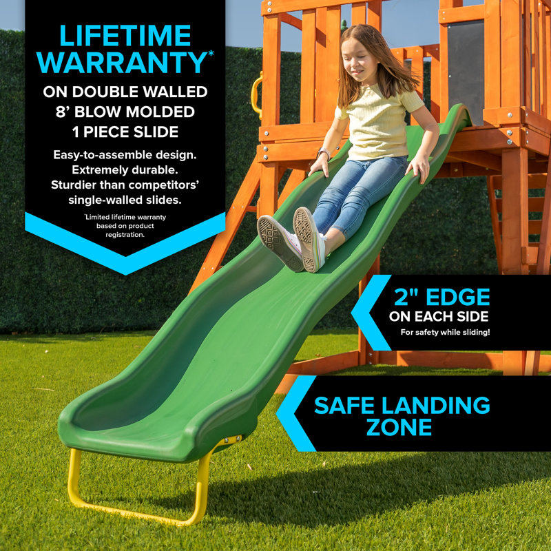 Olympia Natural Wood Swing Set with Green Slide and Fort