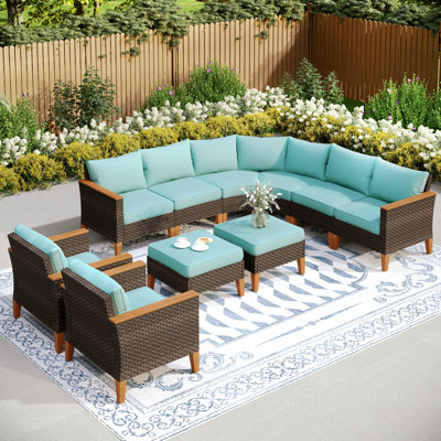 Salem 9 Piece Wicker Outdoor Patio Furniture Set, Stylish Rattan Sectional Patio Set with Beige Cushions