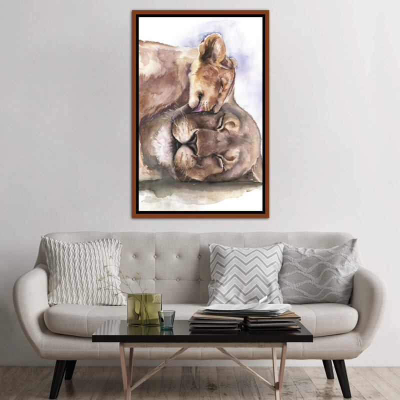 Happy Lions, art encadré, H 60 po x l 40po x P 1,5 po, Toile classique avec cadre brun