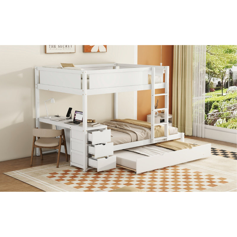 Lit superposé blanc avec lit gigogne simple, bureau de rangement - option de chambre à coucher pour adultes