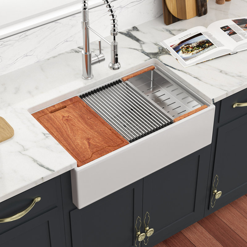33" L x 20" W Farmhouse/Apron Kitchen Sink Rectangular Single Basin Ceramic Ledge Workstation Sink with Accessories