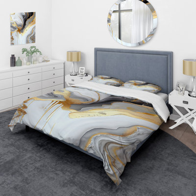 White And Gold Marble Abstract II - Modern Transitional Duvet Cover Set - Microfiber Polyester