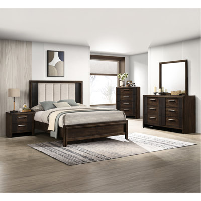 Queen Bed With Rich Wood Finish, Upholstered Headboard, Rustic And Contemporary Features, Brown Headboard For Bed, Charm, Style,