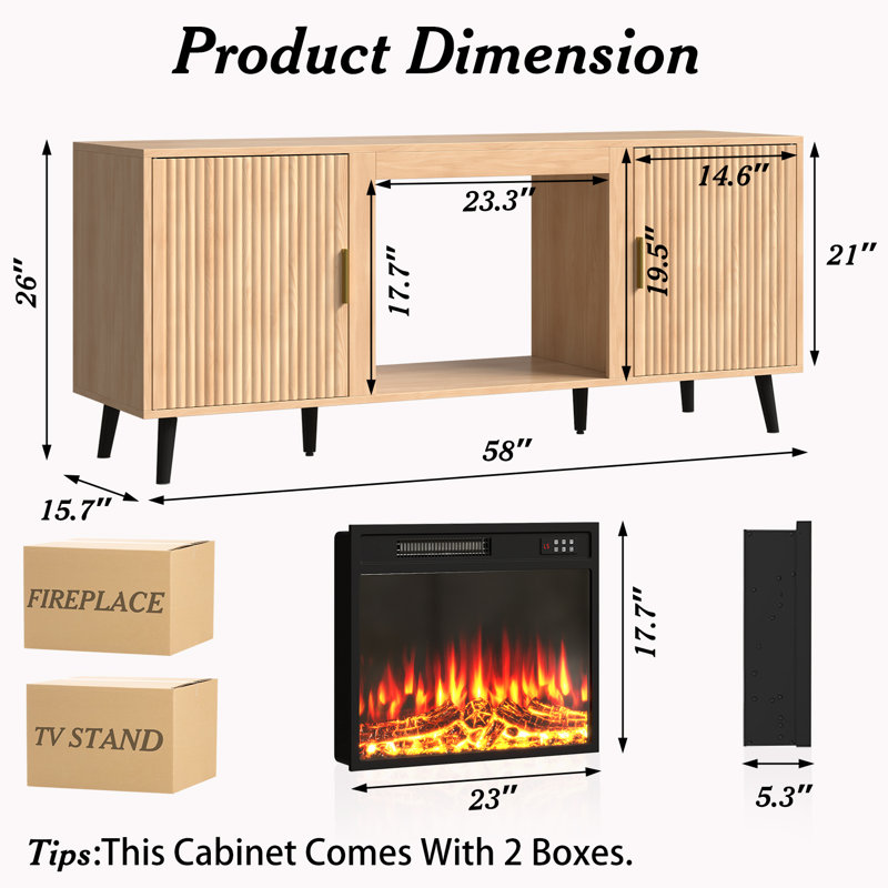 Midcentury Modern TV Stand with 23-Inch Fireplace, Natural