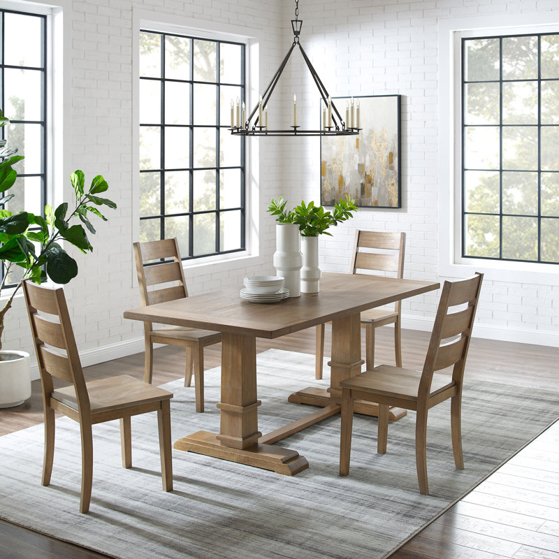 Heymann Trestle Dining Set with Solid Wood Chairs, 5 Pieces: Table, 4 Chairs, Tan
