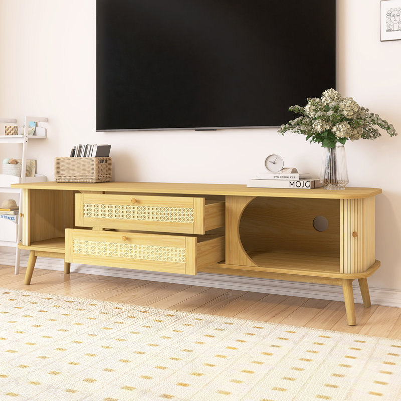 Rattan TV Stand With Solid Wood Legs