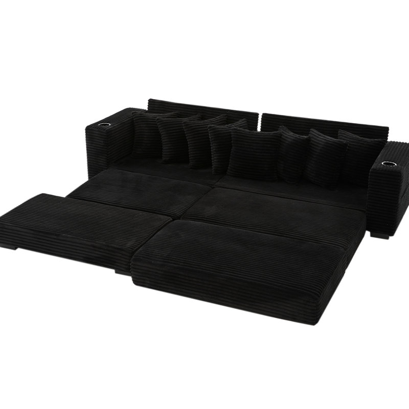 Canapé modulaire en velours côtelé en L 111,21 po avec repose-pieds réglable, porte-gobelets, 8 coussins décoratifs et coussins amovibles