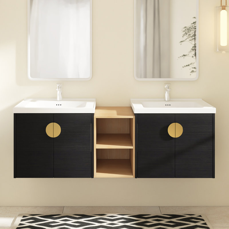 Meuble-lavabo double 59,6 po avec plateau en céramique Makeena, Noir