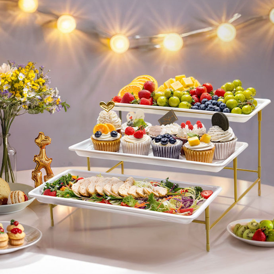 3-Tier 35.5X16.5Cm Plastic Serving Platter, Reusable Tray With Collapsible & Stable Metal Stand â Ideal For Lightweight Food Display At Party, After