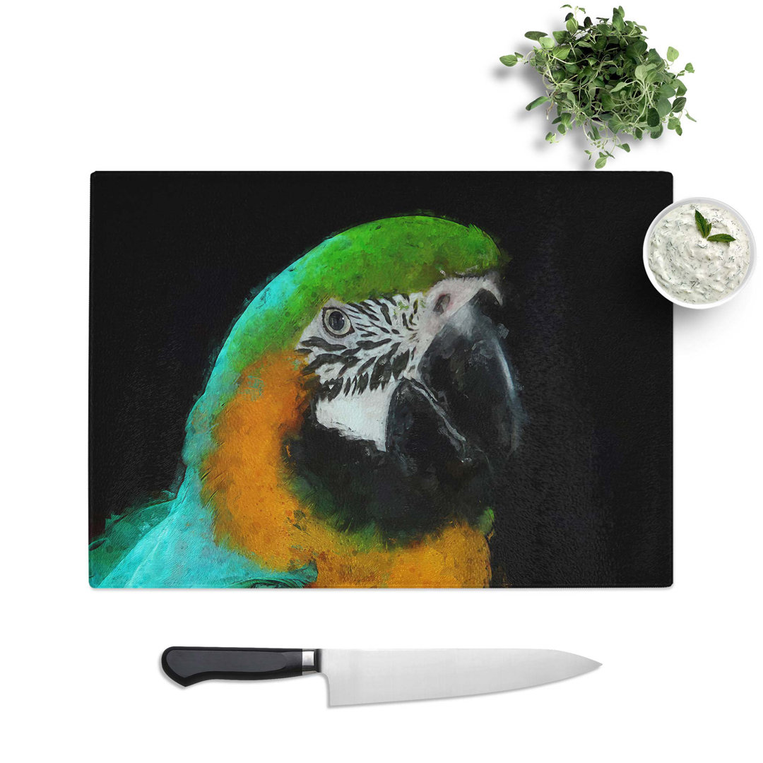 Tempered Glass Yellow and Green Macaw Parrot in Abstract Chopping Board