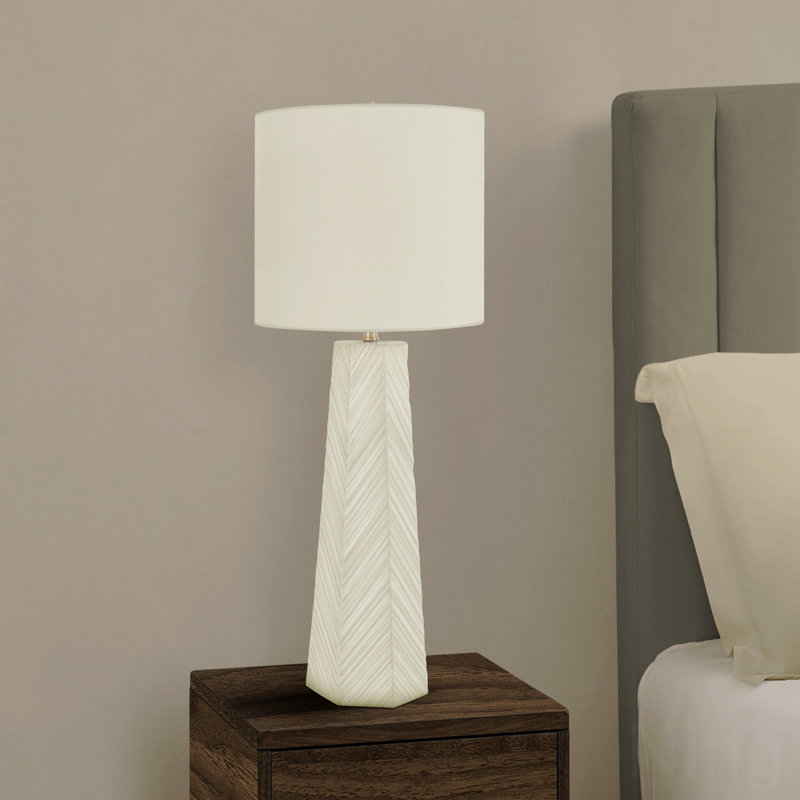 Lampe de table 29 "en céramique Art Déco - Base de colonne géométrique + abat-jour tambour en lin ivoire