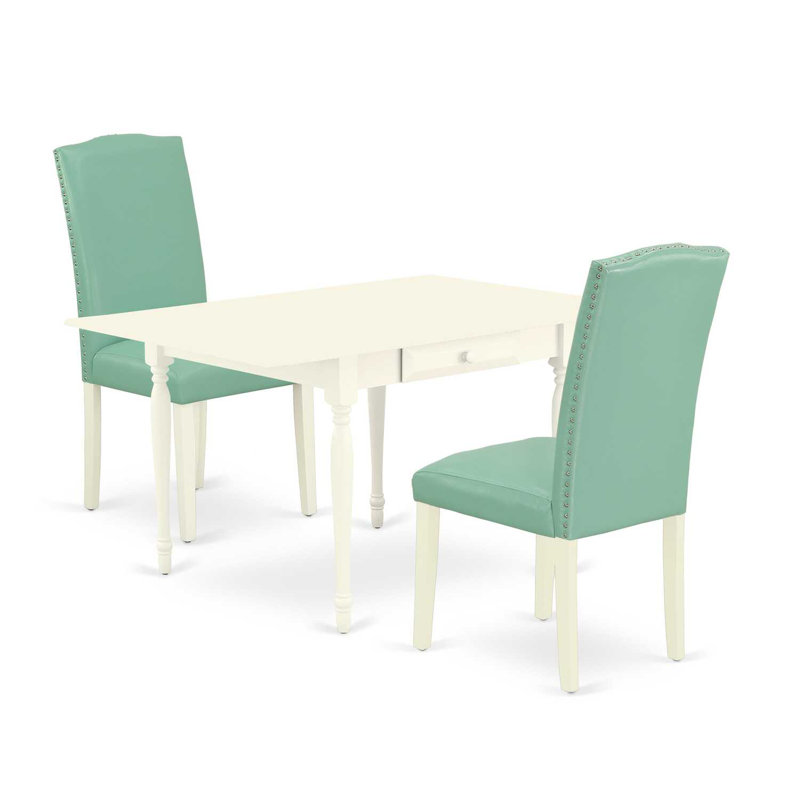 3 Piece Dining Set Contains a Rectangle Dining Room Table with Dropleaf and 2 Pond Faux Leather Upholstered Parson Chairs, Linen White