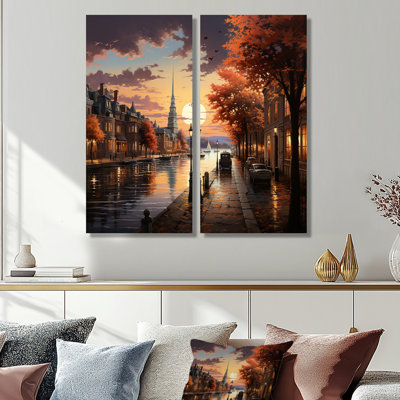 Étang à Boston souvenirs - art mural orange sur toile 2 panneaux