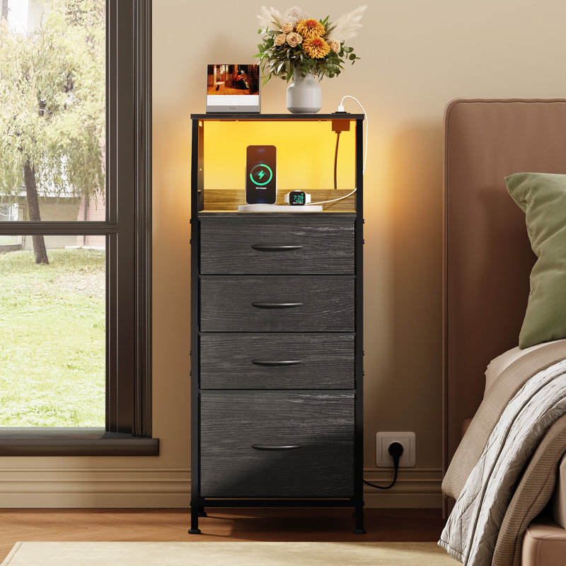 Travison 4 Drawer 37" Tall Nightstand with Charging Station and LED Lights, Modern Black Nightstand with Built-in USB & AC Outlets For Bedroom, Bedside Table With Open Storage Shelves