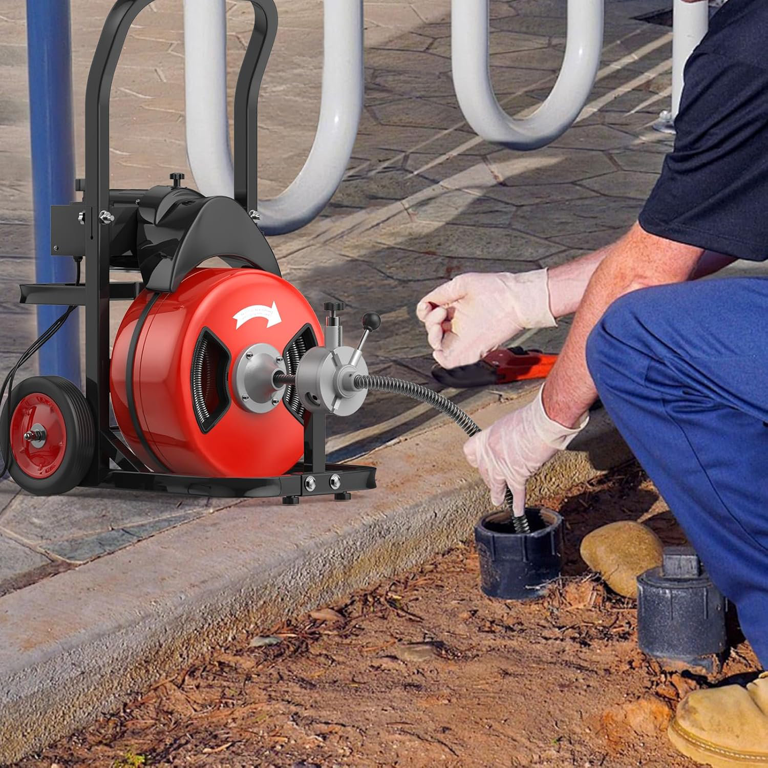 75FT 1/2-Inch Electric Drain Snake – 450W Auto-Feed Sewer Cleaner With 6 Blades & Foot Pedal, For 2-4 Inch Pipes, Roots/Hair/Grease Clogs