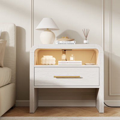 Auralis Organic Modern Curved Nightstand Set of 2 with Charging Station and Ambient LED Lighting, Waterfall Bedside Tables with Drawer Storage