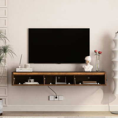 Meuble télé mural flottant avec lumières DEL, support ultrabrillant pour le salon. 3 téléviseurs de charge standard et 2 ports Bande à DEL améliorée dans la rainure. Grandes consoles de jeux et de rangement