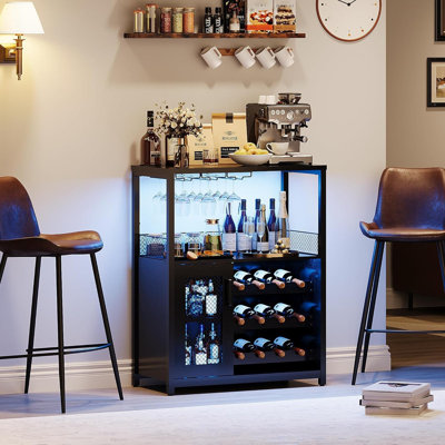 3-Tier Wine Bar Cabinet with LED Lights, Detachable Wine Rack and Storage Space, Bar Cabinet with Glass Holder and Mesh Door for Liquor and Glasses, L by Ivy Bronx