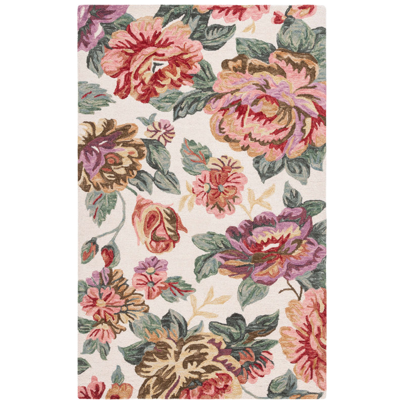 Jardin Handtufted Wool Cotton Floral Rug in Ivory/Red, Rectangle 8' x 10'
