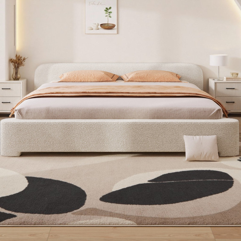 King/ Queen Size Cozy White Boucle Upholstered Bed Frame with Wood Support For Bedroom, King