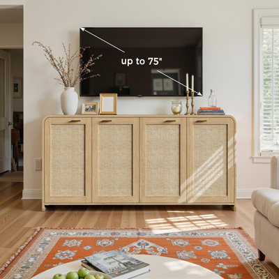 Buffet 67 po en rotin avec rangement, buffet Boho avec 4 portes, grand buffet à crédence pour le salon, la cuisine et le couloir