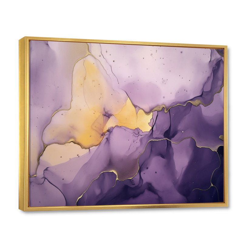 Impression sur toile mauve et dorée, encre de marbre I - fractales, H 12 po x l 20 po x P 1 po, Cadre flottant doré