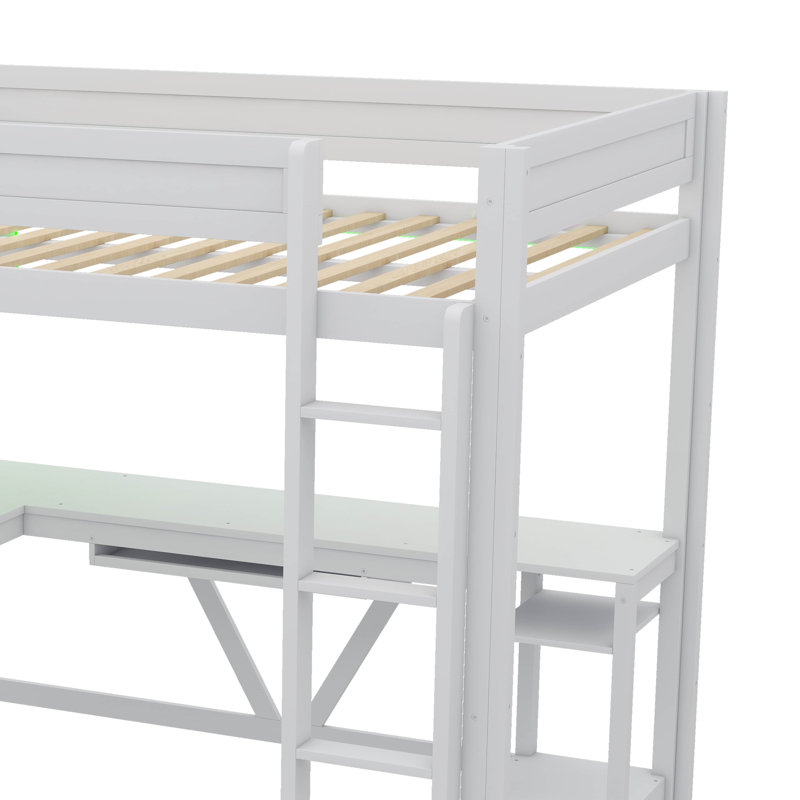Lit mezzanine double en bois pour jouer, bureau intégré, charge USB et rangement, Blanc