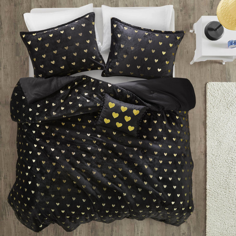 3 édredon ultraléger noir / or avec coussin décoratif pour lit simple / simple TG, lavable à la machine, envers en microfibre imprimé à l'envers