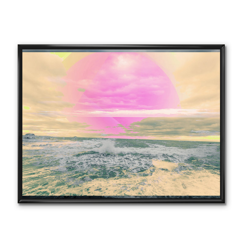 Coucher de soleil rose avec vagues bleues sur un ciel jaune - impression sur toile, H 36 po x l 46 po x 1,5 po