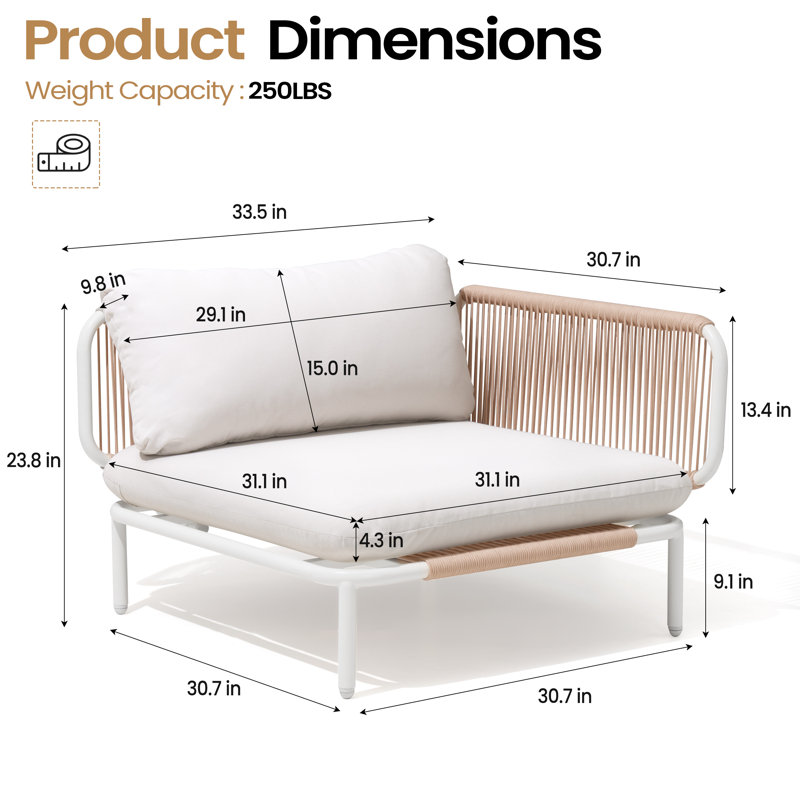 Canapé modulaire d'extérieur 100,4 po en métal, Coussin beige / structure blanche