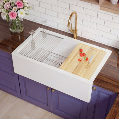 33"L x 20"W Fireclay Self-Trimming Farmhouse Sink Workstation with Tall Apron, Dual Mount Single Bowl White Farm Sink for Kitchen, Included 4 Custom Accessories