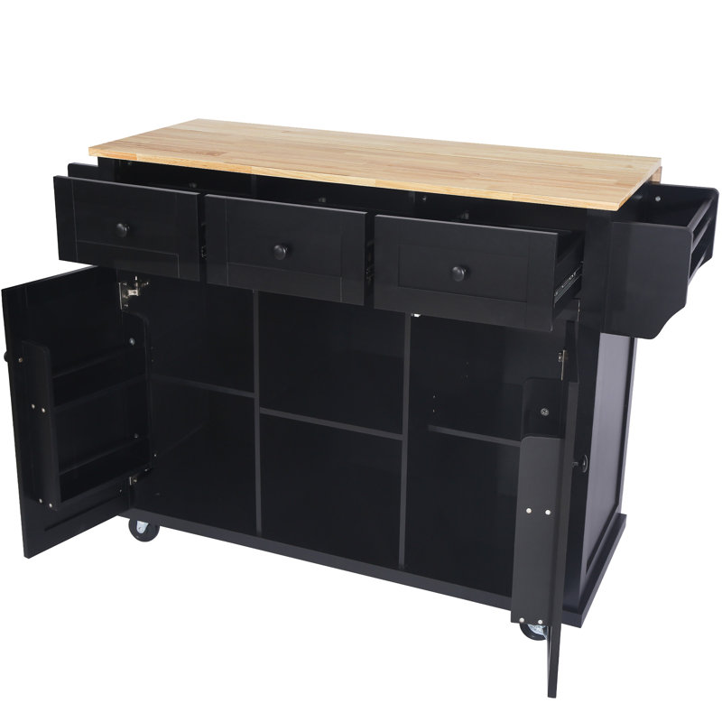 Mobile Kitchen Island Cart With Drop-Leaf Rubberwood Top, 3 Drawers, Cabinet Storage, Spice & Towel Racks, 5 Wheels, Black