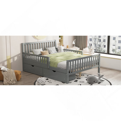 Full Size Wood Platform Bed With Side Guardrails And Dual Storage Drawers