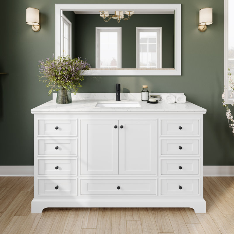 Deborah 60'' Single Bathroom Vanity with Marble Top, Carrara Cultured Marble, White/Matte Black