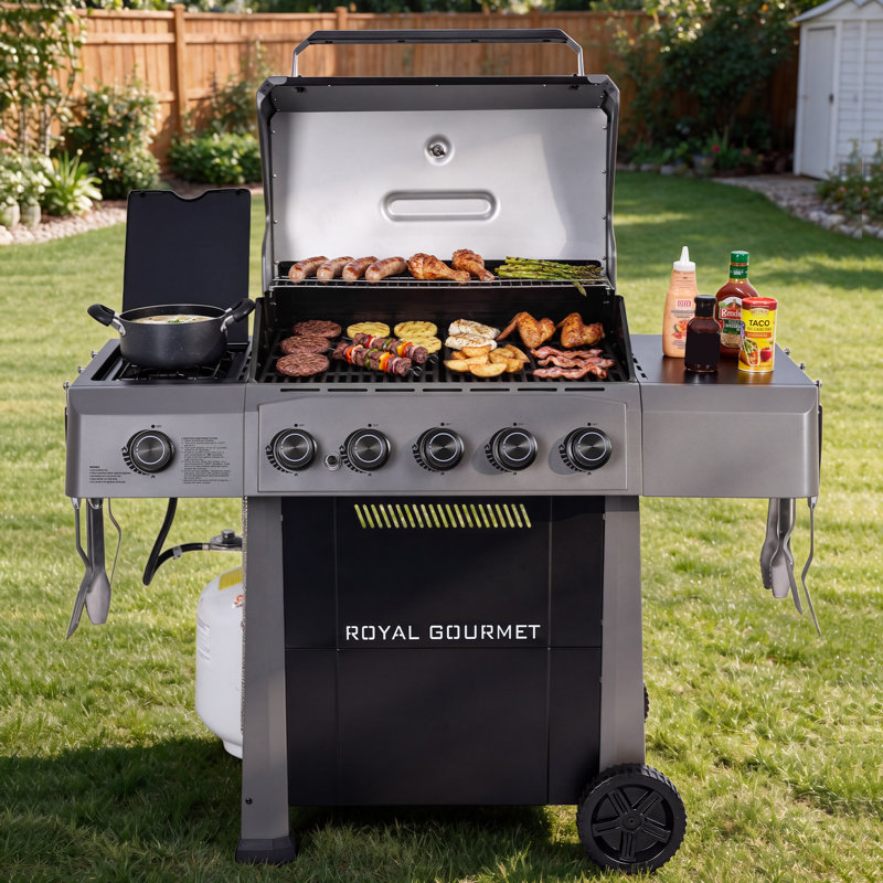Royal Gourmet 5-Burner Gas Grill with Side Burner, Grey & Black, Silver & Black