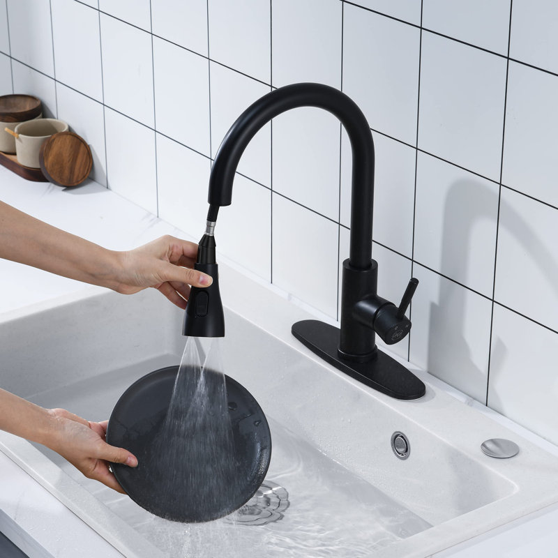  Robinet de cuisine à poignée simple à bec rétractable à grande arche en acier inoxydable avec pulvérisateur à 3 fonctions