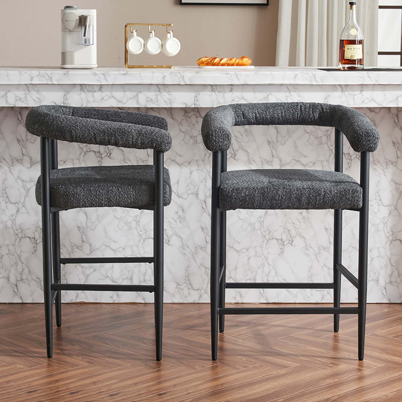 Ensemble de 2 tabourets de bar modernes rembourrés avec structure en métal et accoudoirs, Gris