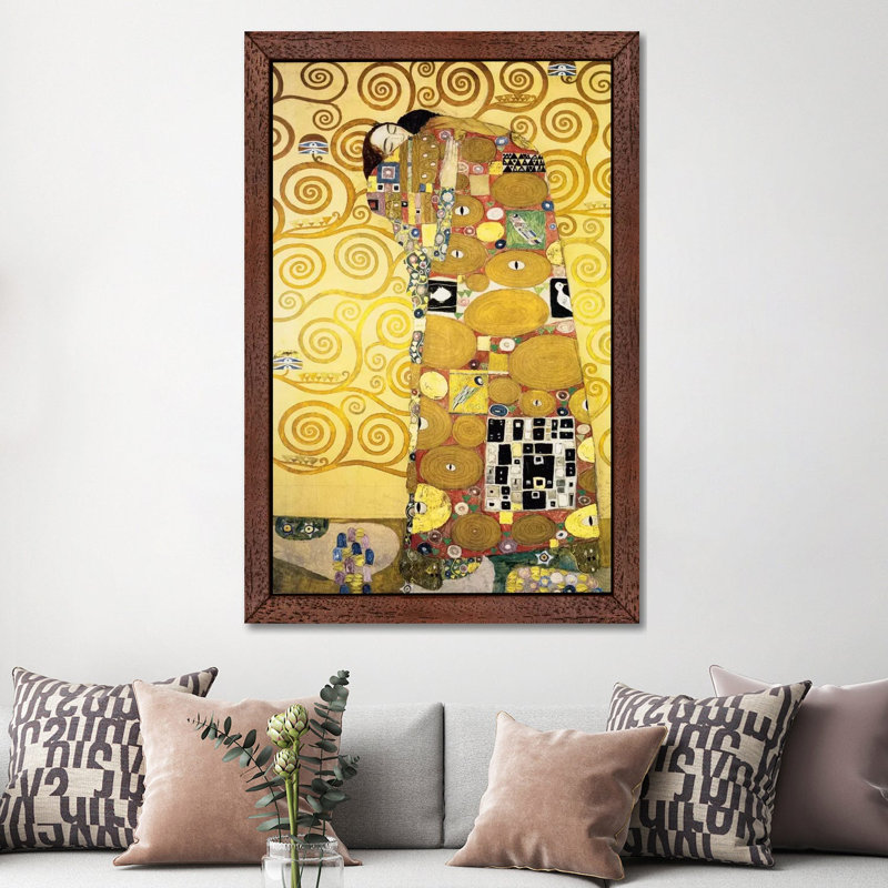 The Embrace Stoclet Frieze Panel 1905-11 by Gustav Klimt - Painting on Canvas, 152.5 cm H x 101.5 cm W, Brown Framed